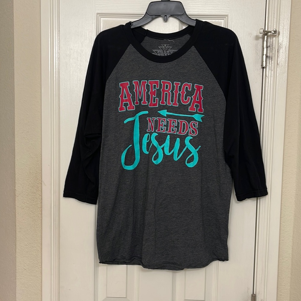 America Needs Jesus baseball tee